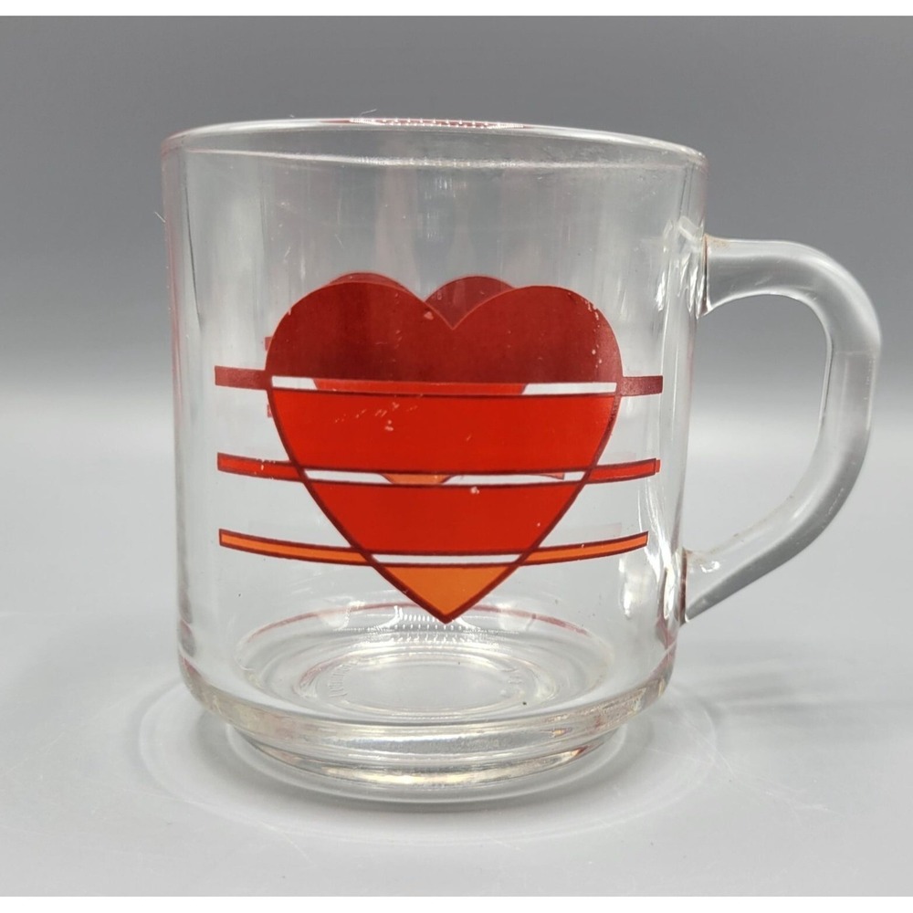 Vintage Luminarc Coffee Tea Mug Cup Clear Glass Heart Valentine Love Striped Red